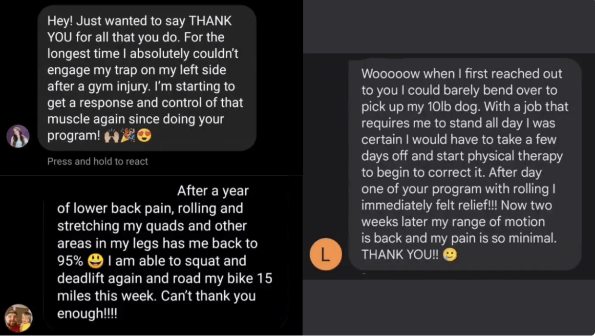 Screenshots of three text messages expressing gratitude for physical therapy and fitness progress, including overcoming a gym injury, reducing back pain, and increasing mobility.