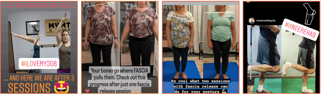 Fascia release client results showing improved posture, shoulder mobility, and knee rehab progress.