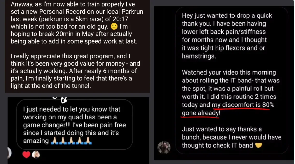 Screenshots of three text message conversations on a mobile device, expressing gratitude for a therapeutic program, discussing pain relief, progress, and routine exercises for lower back pain and hamstrings.