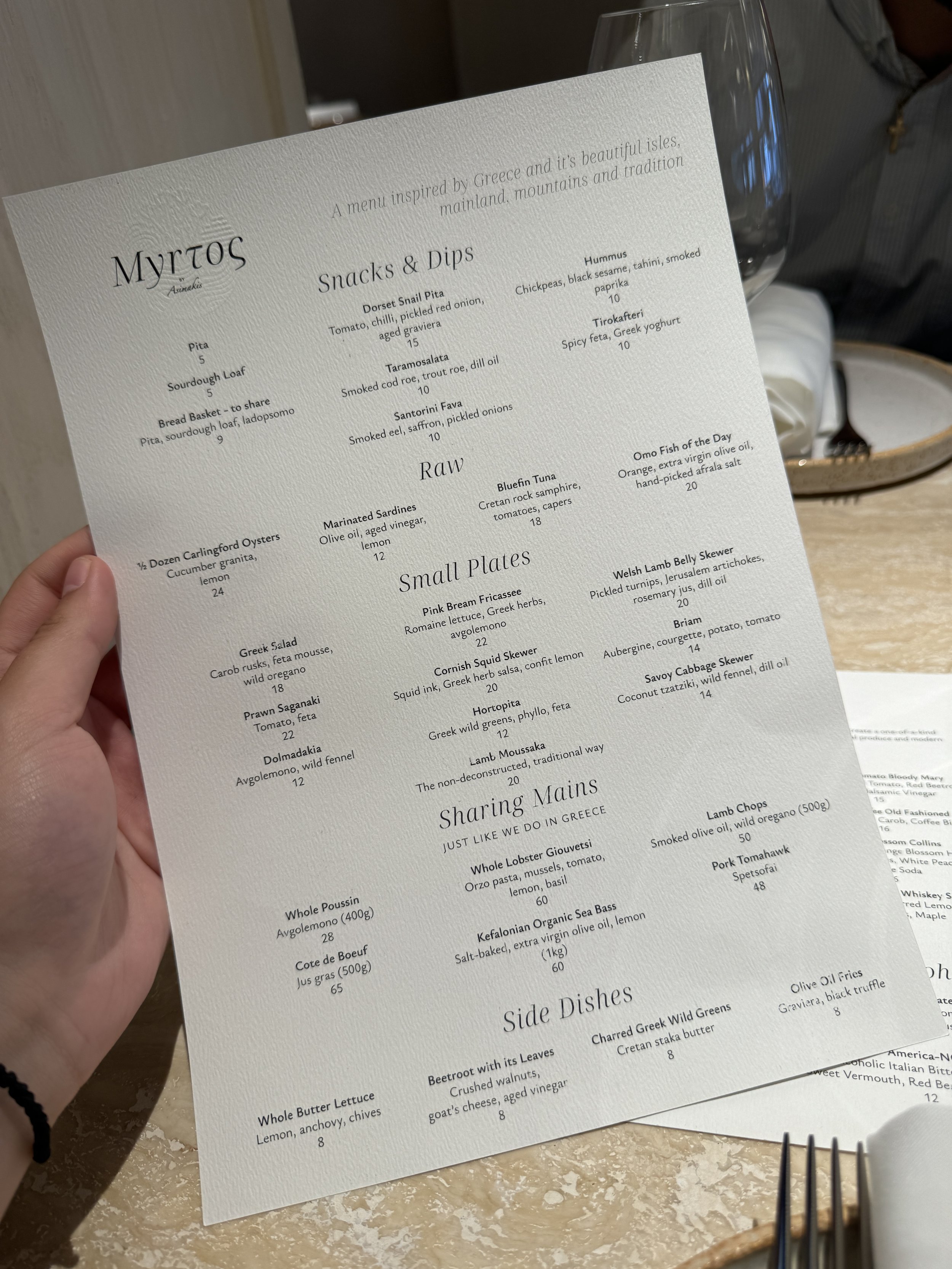 Food menu, cocktail menu, dessert menu at Myrtos by Asimakis Chelsea London Greek restaurant copyright Souvlakination