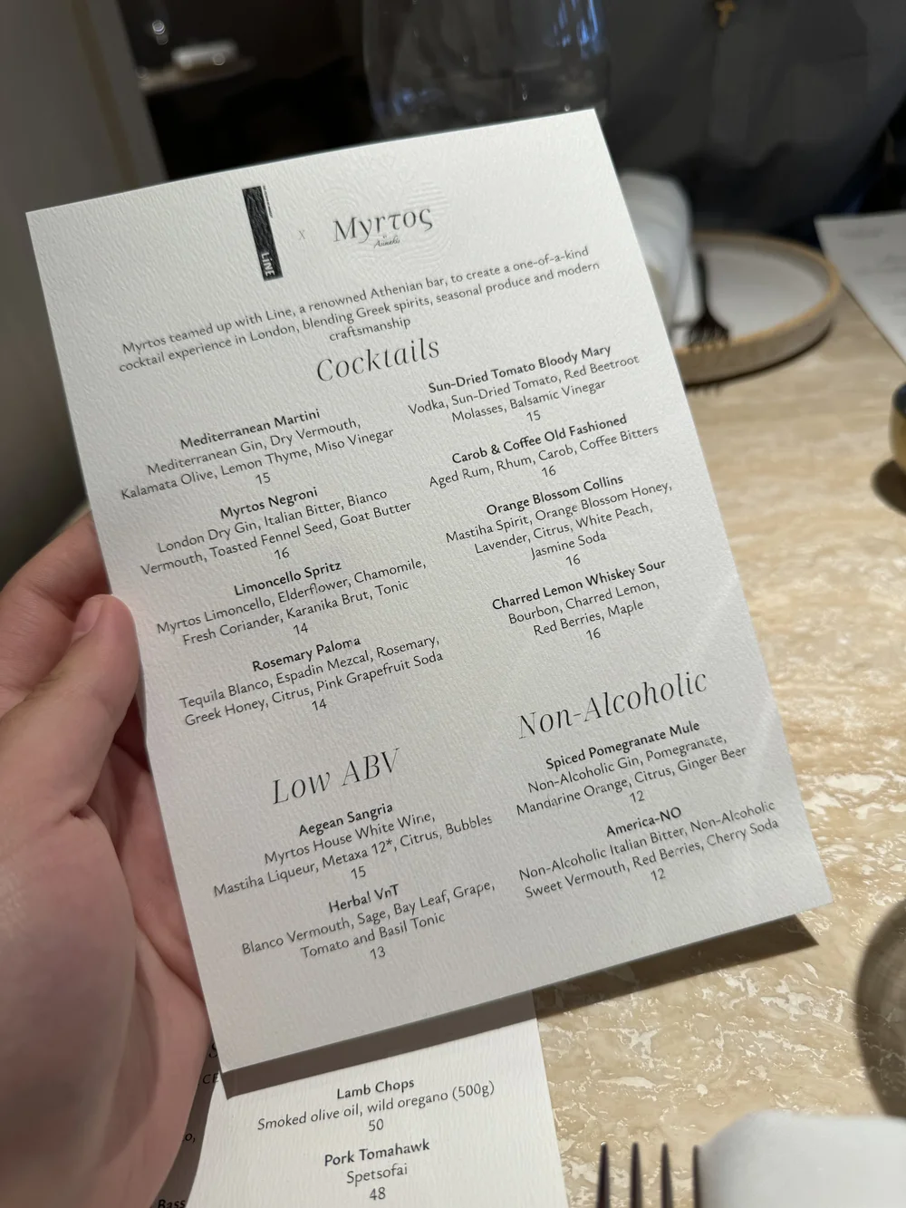 Food menu, cocktail menu, dessert menu at Myrtos by Asimakis Chelsea London Greek restaurant copyright Souvlakination