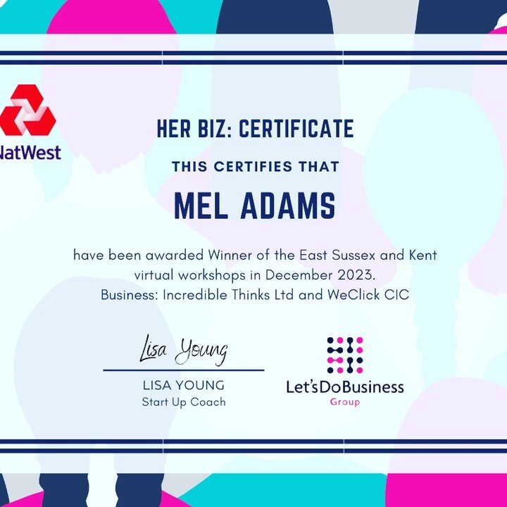 https://www.letsdobusinessgroup.co.uk/latest-news/her-biz-dec-2023-winner 
😮Melinda Adams, Founder of We Click CIC and Director of Incredible Thinks Ltd, wins &pound;500 to jumpstart her business which aims to support people facing difficulties in l
