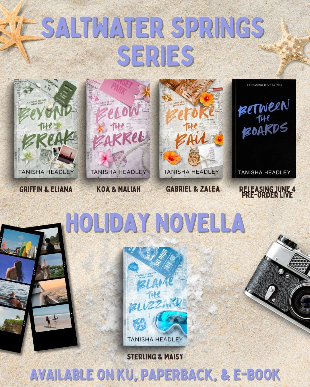 THE SALTWATER SPRINGS SERIES 🏄🏽&zwj;♂️🏄🏽&zwj;♀️🏄🏽
&bull;
Books 1-3 + the holiday novella available to read on Kindle Unlimited 🫶🏽
&bull;
#surfromance #sportsromance #authortanishaheadley #summertbr #indieauthor