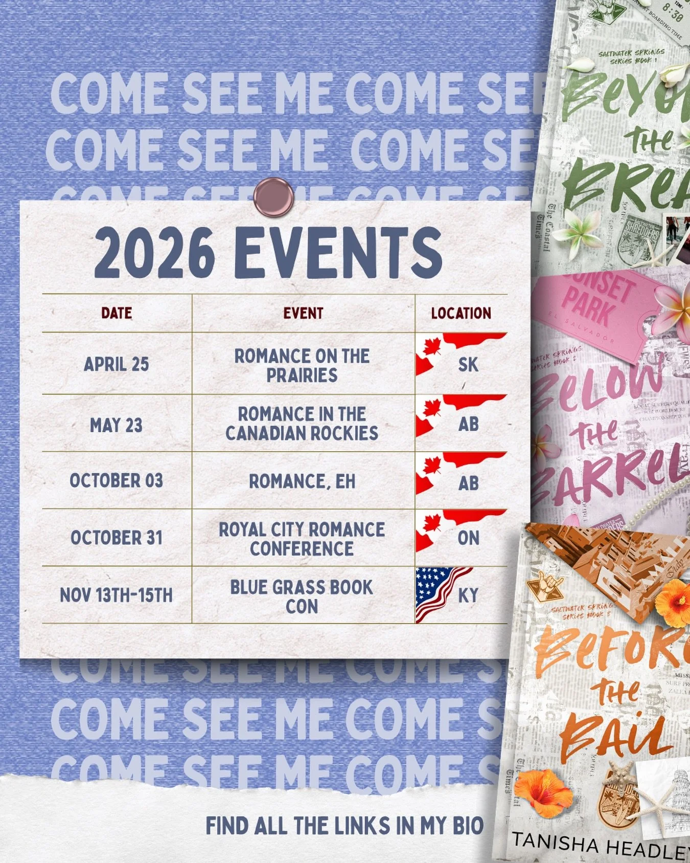 So excited for all the fun signings this year 💜 which event will I be seeing you at? 
&bull;
Template by @spellboundbookmarketing 
&bull;
#bookevents #romancebookevent #indieauthor #sportsromance #romanceauthor