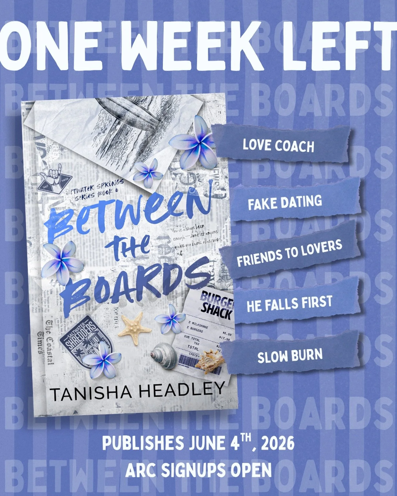 I can&rsquo;t believe that in exactly 1 week, Between the Boards will be out in the world 🥹 this series has truly been a labour of love and it feels so bittersweet to be closing this chapter soon 🌊🏄🏽&zwj;♀️
&bull;
#surfromance #sportsromance #sum