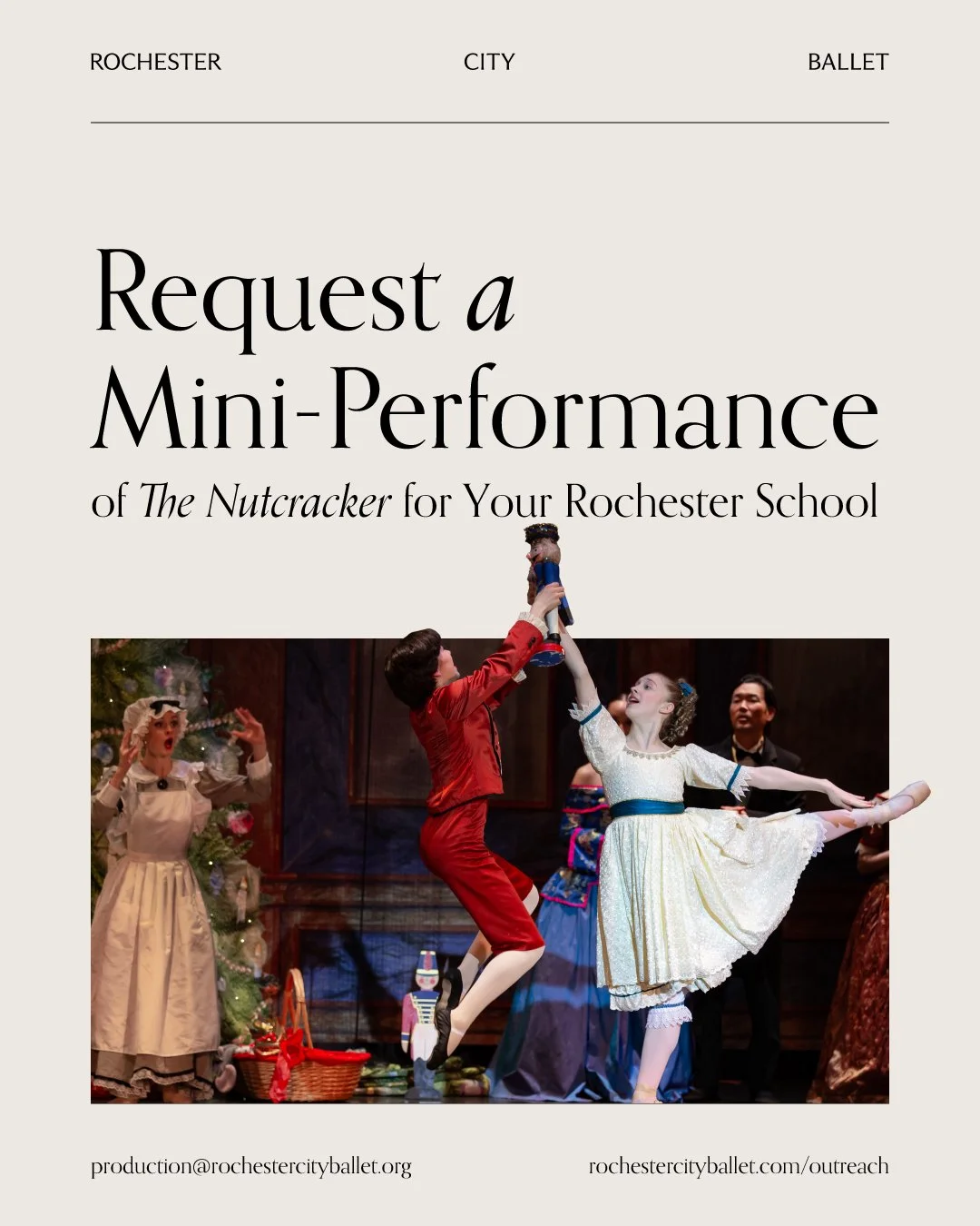 ✨ Rochester City Ballet is bringing mini-performances of The Nutcracker to Rochester schools and local organizations! ✨

RCB is committed to bringing the beauty of dance to groups who, under normal circumstances, may not have the opportunity to enjoy