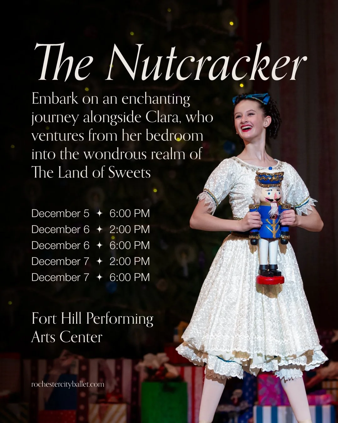 The magic of The Nutcracker is coming to Canandaigua! ✨
Join Rochester City Ballet at the beautiful Fort Hill Performing Arts Center as Clara&rsquo;s dream comes to life - from swirling snowflakes to the dazzling Land of Sweets. 🍭❄️

🎟️ December 5&