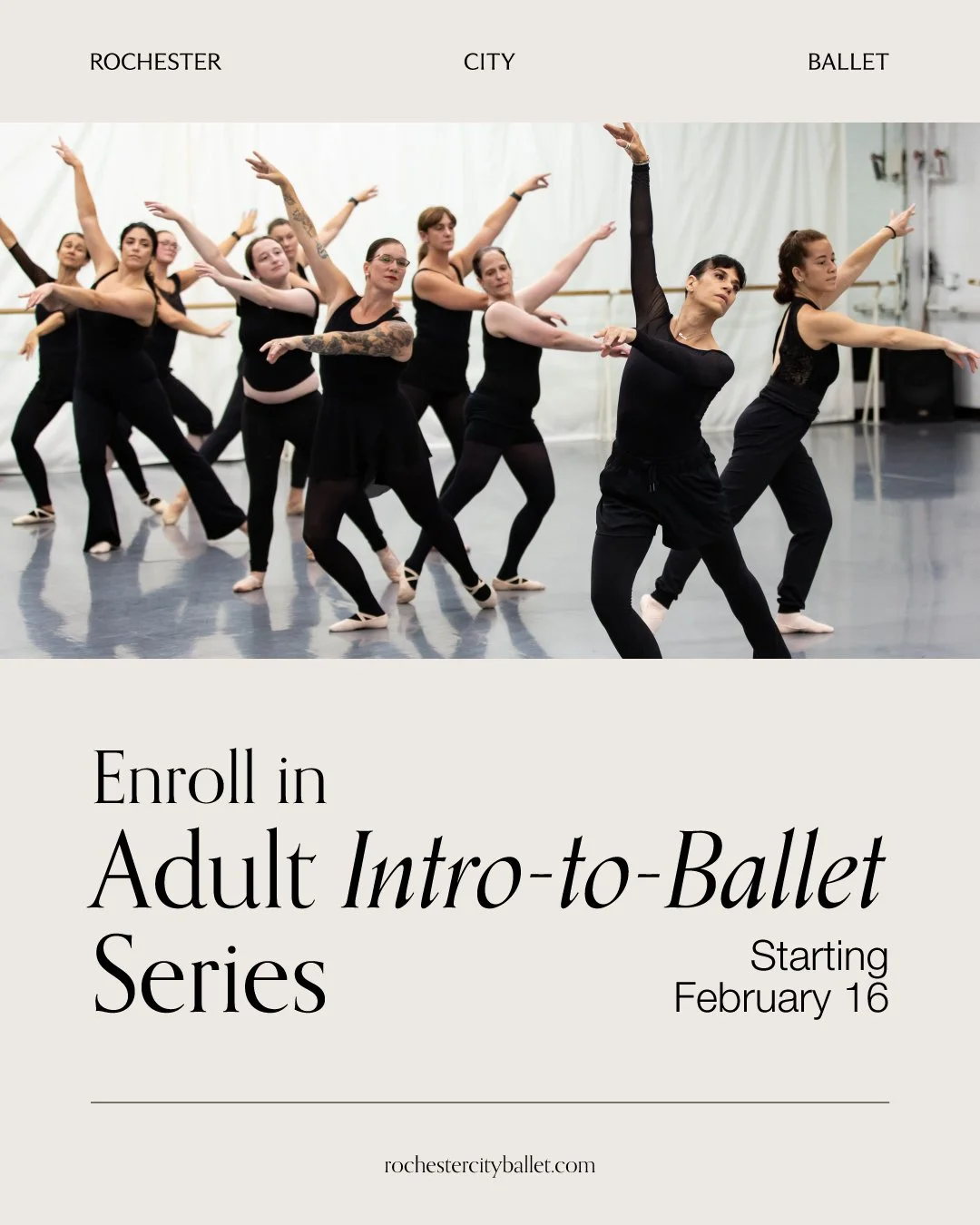 After HIGH demand, we&rsquo;re starting another round of Adult Intro to Ballet classes, beginning February 16!

This 6-week series is designed for absolute beginners and those who want to get back into the studio! You will learn: 

🩰 Basic ballet te
