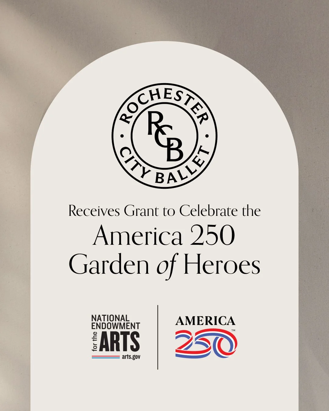 🎉 Rochester City Ballet received a grant from the National Endowment for the Arts (@neaarts) to celebrate the National Garden of American Heroes, as part of the America 250 (@america250) initiative!

Through the grant, we will mount a restaging of G