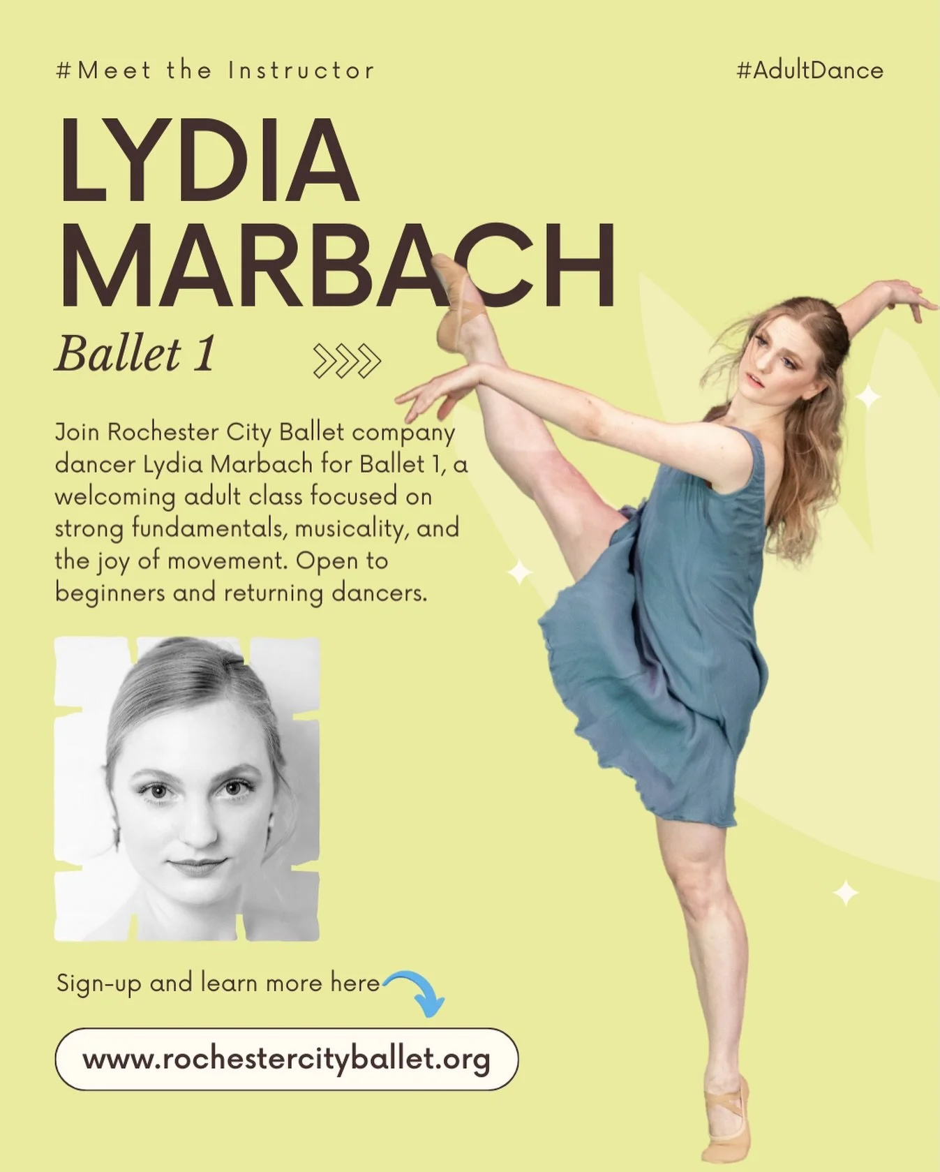 ✨&nbsp;#MeetTheInstructor&nbsp;✨ Meet&nbsp;Lydia Marbach! 🩰 Lydia is a&nbsp;company dancer with Rochester City Ballet&nbsp;and teaches&nbsp;Ballet 1&nbsp;on&nbsp;Thursdays from 6:30&ndash;8:00 PM&nbsp;as part of our adult dance program.

These are&n