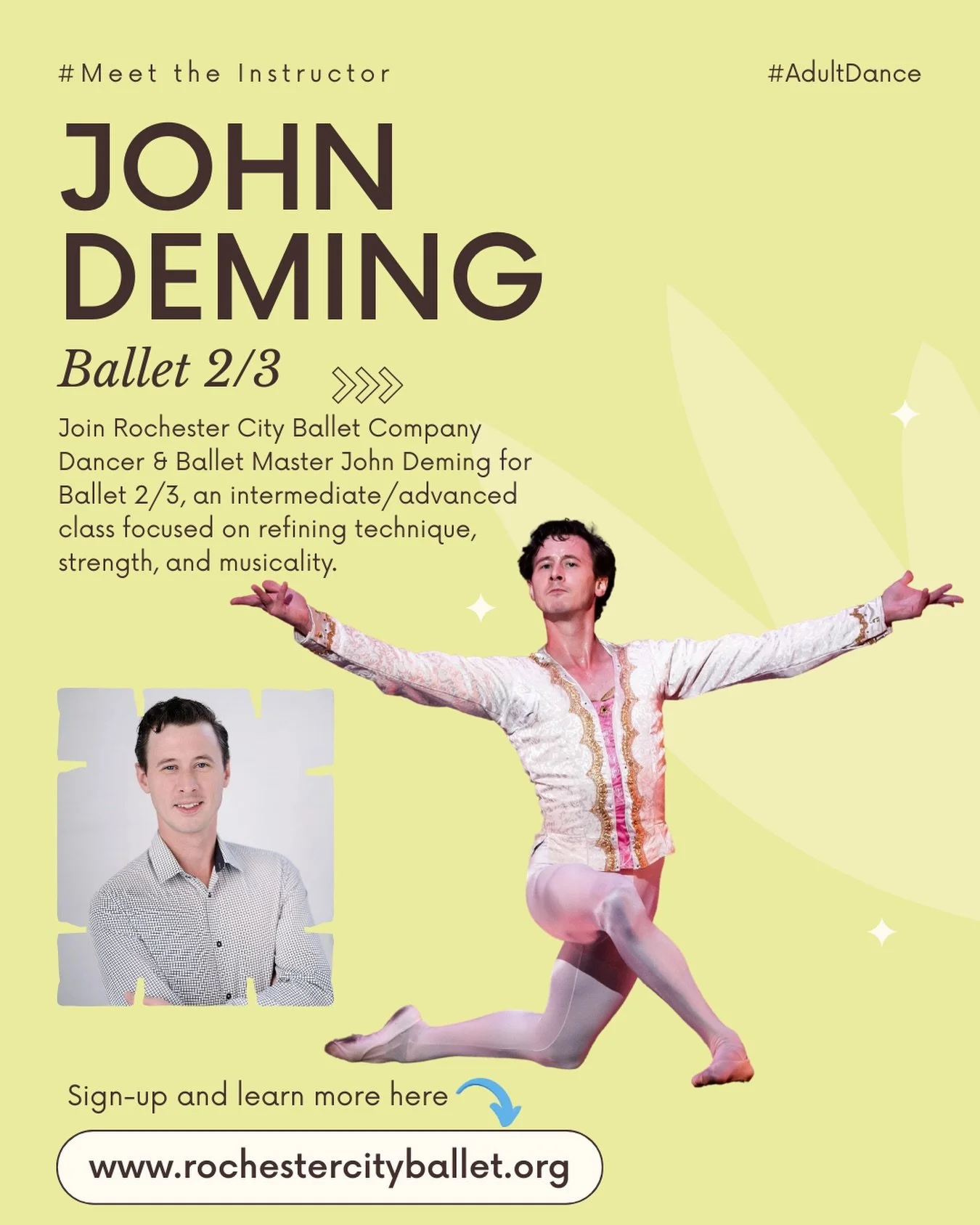 ✨&nbsp;#MeetTheInstructor&nbsp;✨ Meet&nbsp;John Deming! 🩰 John is the Ballet Master of Rochester City Ballet&nbsp;and teaches&nbsp;Ballet 2/3 on&nbsp;Saturdays from 11:00-12:30 PM&nbsp;as part of our adult dance program.

These are&nbsp;drop-in clas