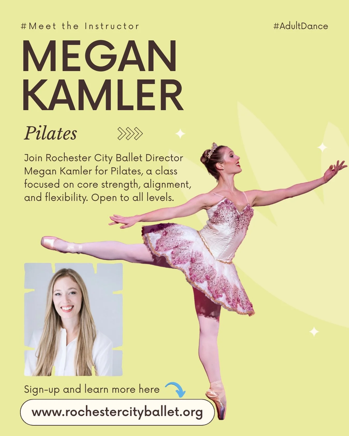 ✨&nbsp;#MeetTheInstructor&nbsp;✨ Meet&nbsp;Megan Kamler! 🩰 Megan is the Director of Rochester City Ballet&nbsp;and teaches&nbsp;Pilates on&nbsp;Saturdays from 10:00-11:00 AM&nbsp;as part of our adult dance program.

These are&nbsp;drop-in classes, s