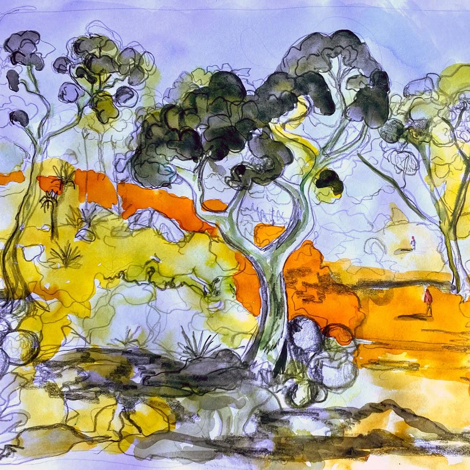 Two figures walking in an abstract landscape (2020)
Medium: Watercolour and pencil on paper
Size: 42cm x 29.7cm (unframed)
This work was inspired by a family bush walk in the Royal National Park.  It was a beautiful and quiet morning and I remember w