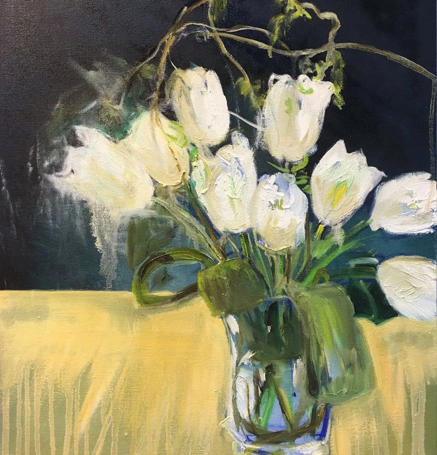 White Tulips (2014) SOLD
Medium: oil on board
Size: 40.6cm x 50.8cm (unframed)
White Tulips painted during my night classes at Hazelhurst Arts Centre.