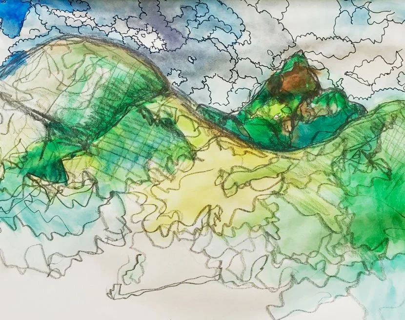 Mount Warning on a clear day (2019)
Medium: Mixed media (watercolour and pencil) on paper
Size: 21cm x 29.7cm (unframed)