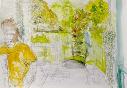 Rachael’s balcony at Stokers Siding (2021)
Medium: Mixed media (watercolour and pencil) on paper
Size: 21cm x 29.7cm (unframed)