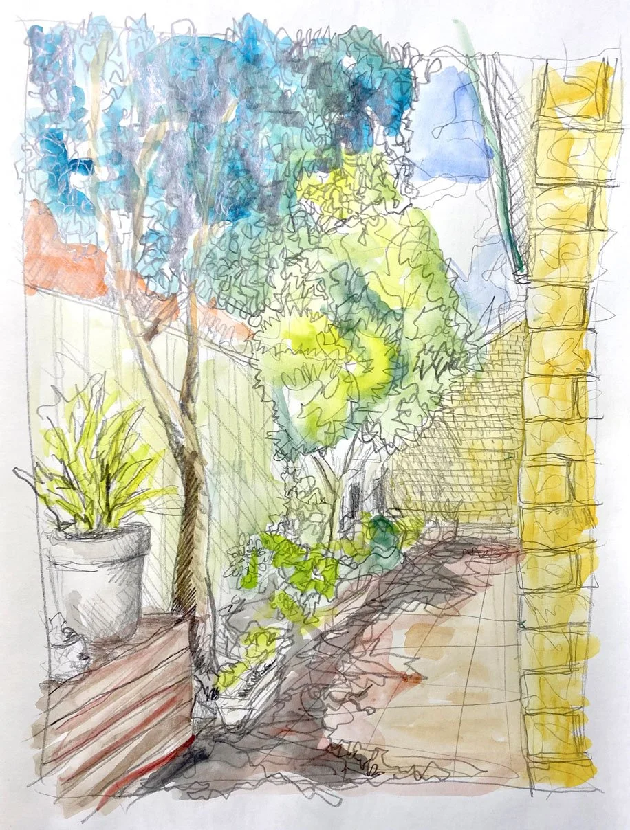 Garden laneway (2021)
Medium: Mixed media (watercolour and pencil) on paper
Size: 21cm x 29.7cm (unframed)