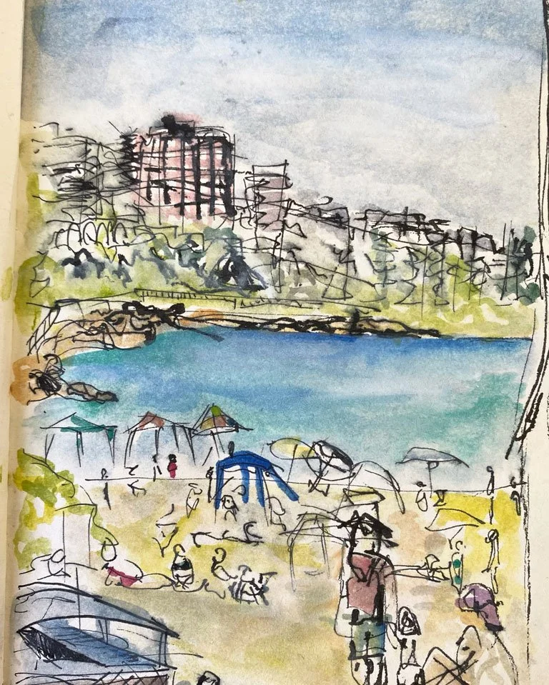 Shelly Beach on a very hot and crowded day (10 January 2024)
Medium: watercolour and pencil on paper (sketchbook)
Size: 14.8cm x 10.5cm (unframed)
It was a very hot and crowded day at Shelly Beach.  We travelled to Many by Ferry and walked along the 