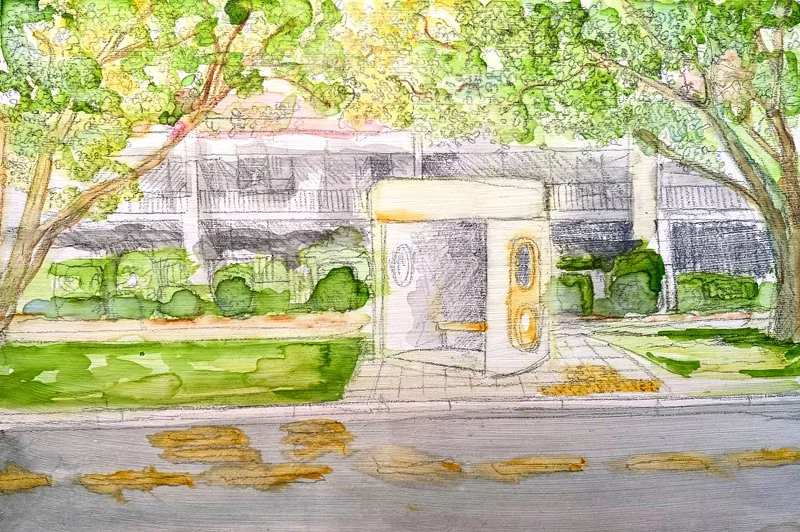 Bus Shelter Griffith - mixed media on MDF