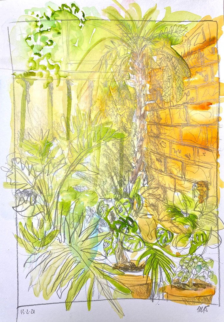 Garden corner with terracotta pots I (2021)
Medium: Mixed media (watercolour and pencil) on paper
Size: 21cm x 29.7cm (unframed)