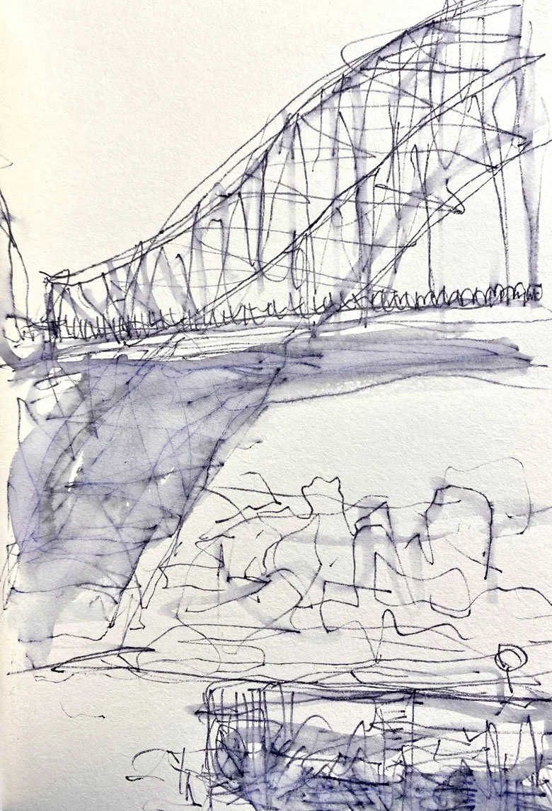 Harbour Bridge from Walsh Bay (2022)
Medium: Ink and water on paper
Size: 21cm x 14.85cm (unframed)
This is one of those spectacular views of the Harbour Bridge you can see from Walsh Bay.  I like how this particular view frames North Sydney under th