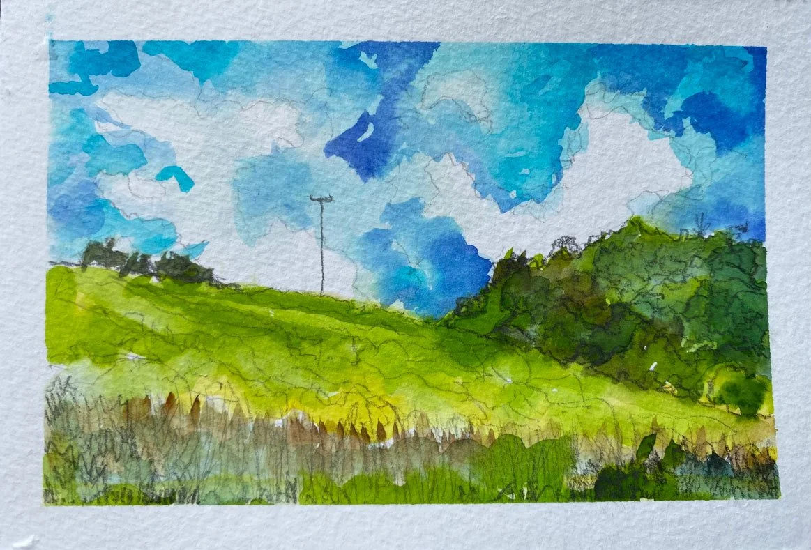 Stoker’s Siding, view from Rachael’s balcony (17 January 2024)
Medium: watercolour and pencil on paper
Size: 14.8cm x 10cm (unframed)
Stoker’s Siding has become the subject of many of my watercolours – I have happy memories of our Christmas time ther