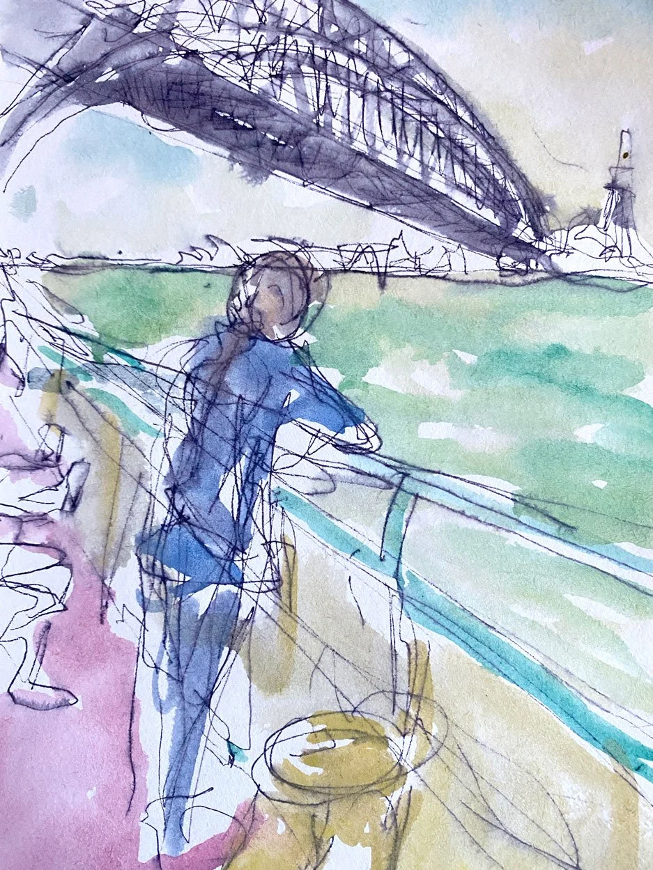 Adelaide on a ferry looking up at the Harbour Bridge (2022)
Medium: Mixed media (watercolour and pencil) on paper
Size: 14.85cm x 21cm (unframed)
Late Saturday afternoon after spending a lovely time at Luna Park, we caught the ferry back to Circular 