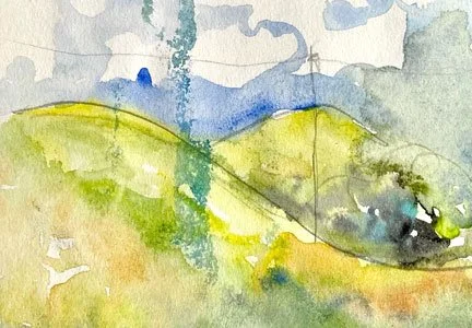 Stokers Siding on rain damaged paper (2021)
Medium: Mixed media (watercolour and pencil) on paper
Size: 21cm x 29.7cm (unframed)