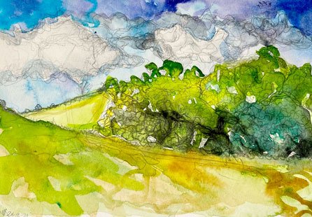 Stokers Siding on a sunny day II (2021)
Medium: Mixed media (watercolour and pencil) on paper
Size: 21cm x 29.7cm (unframed)