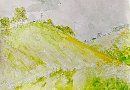 Stokers Siding on a sunny day III (2021)
Medium: Mixed media (watercolour and pencil) on paper
Size: 21cm x 29.7cm (unframed)