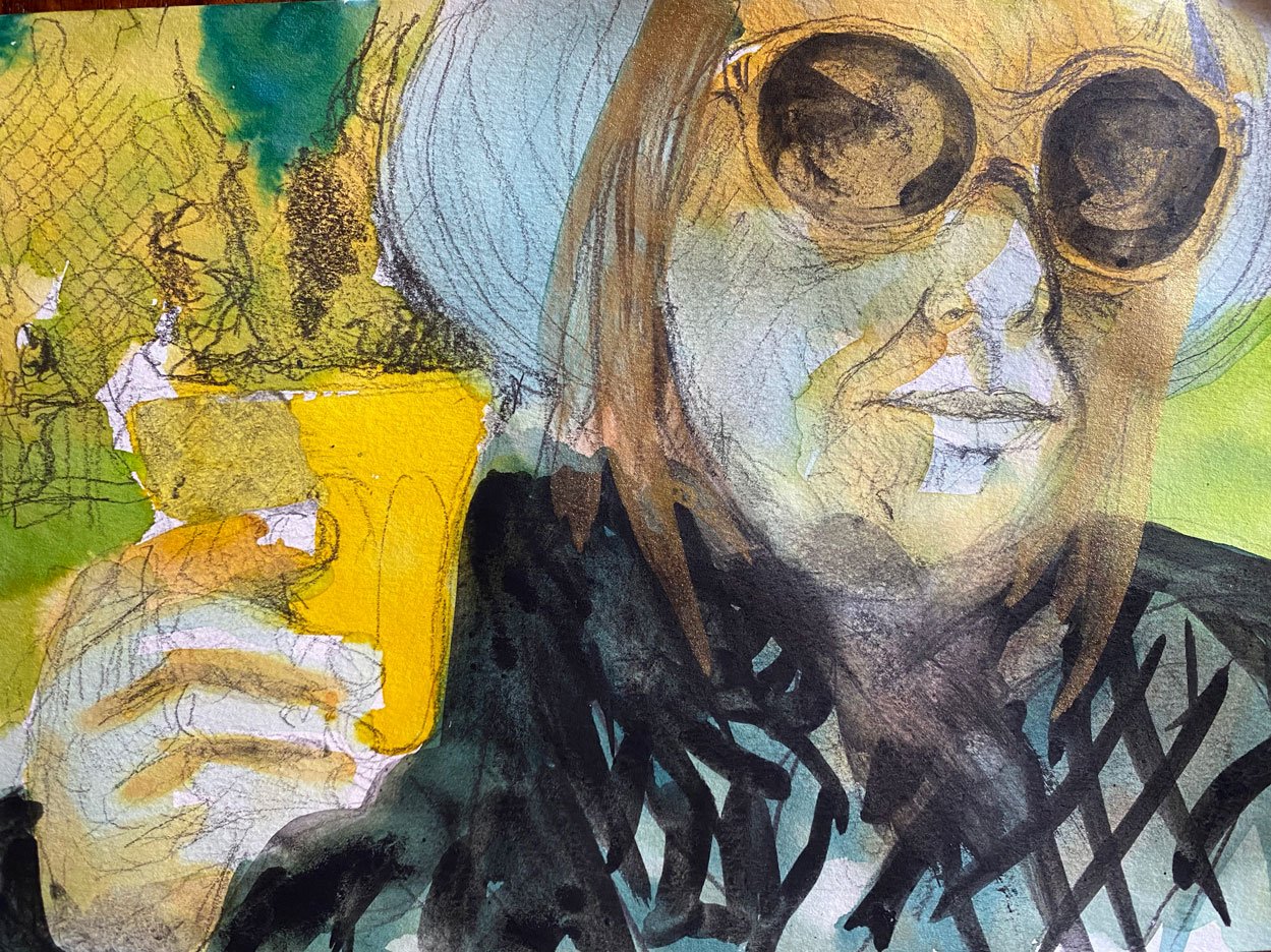 Diana with yellow cup (2020)
Medium: watercolour, pencil and gold ink on paper
Size: 21cm x 29.7cm (unframed)