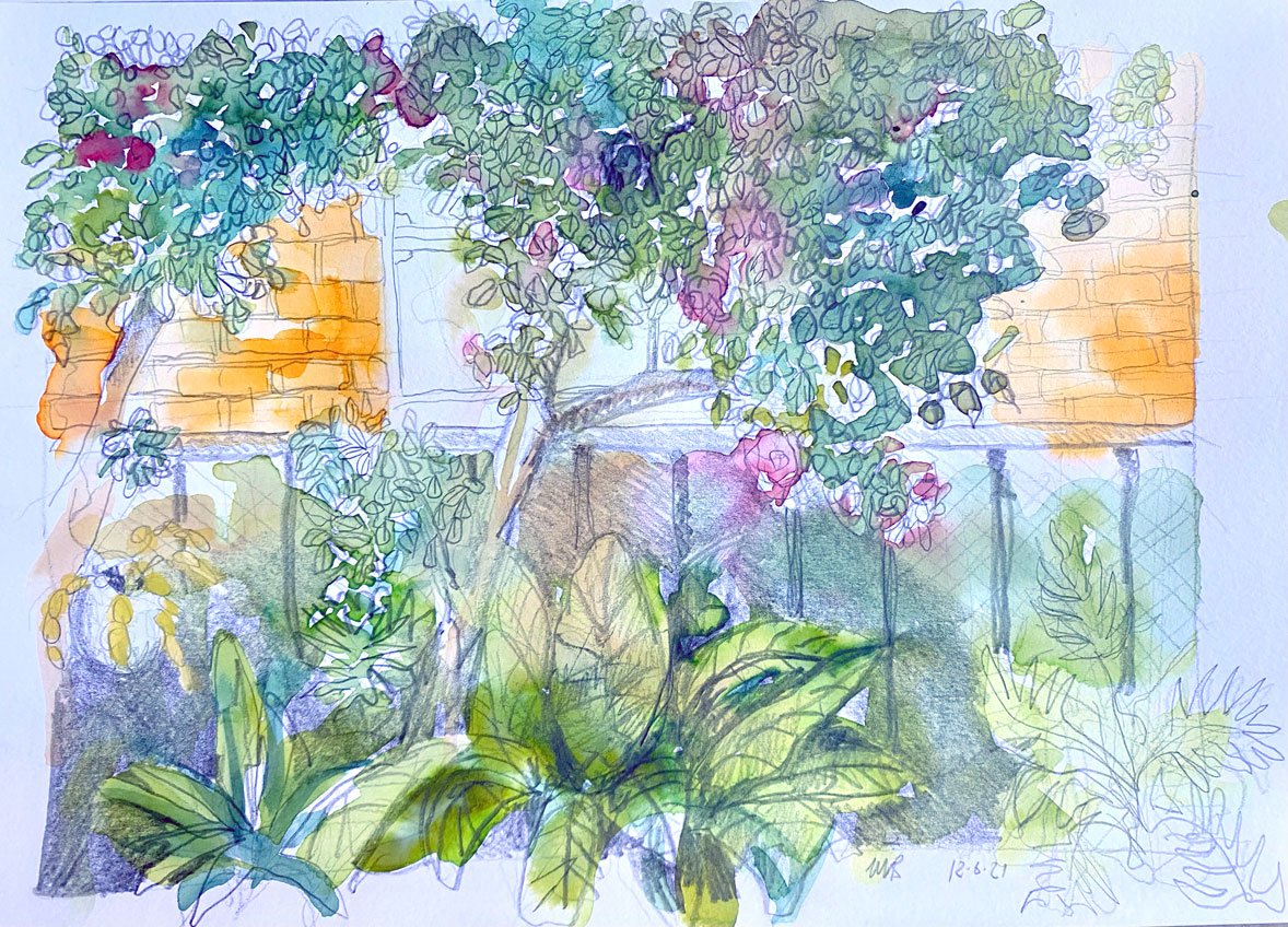 View from the lounge room (2021)
Medium: Mixed media (watercolour and pencil) on paper
Size: 21cm x 29.7cm (unframed)