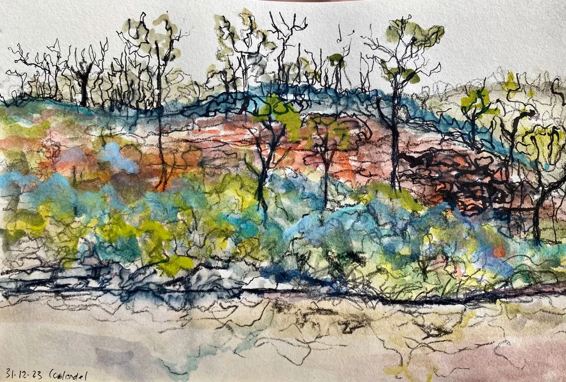 Looking across the Shoalhaven River from Coolendel Campsite (3 January 2024)
Medium: watercolour and pencil on paper (sketchbook)
Size: 14.8cm x 10.5cm (unframed)
We went camping for the first time as a family and stayed at Coolendel with some friend