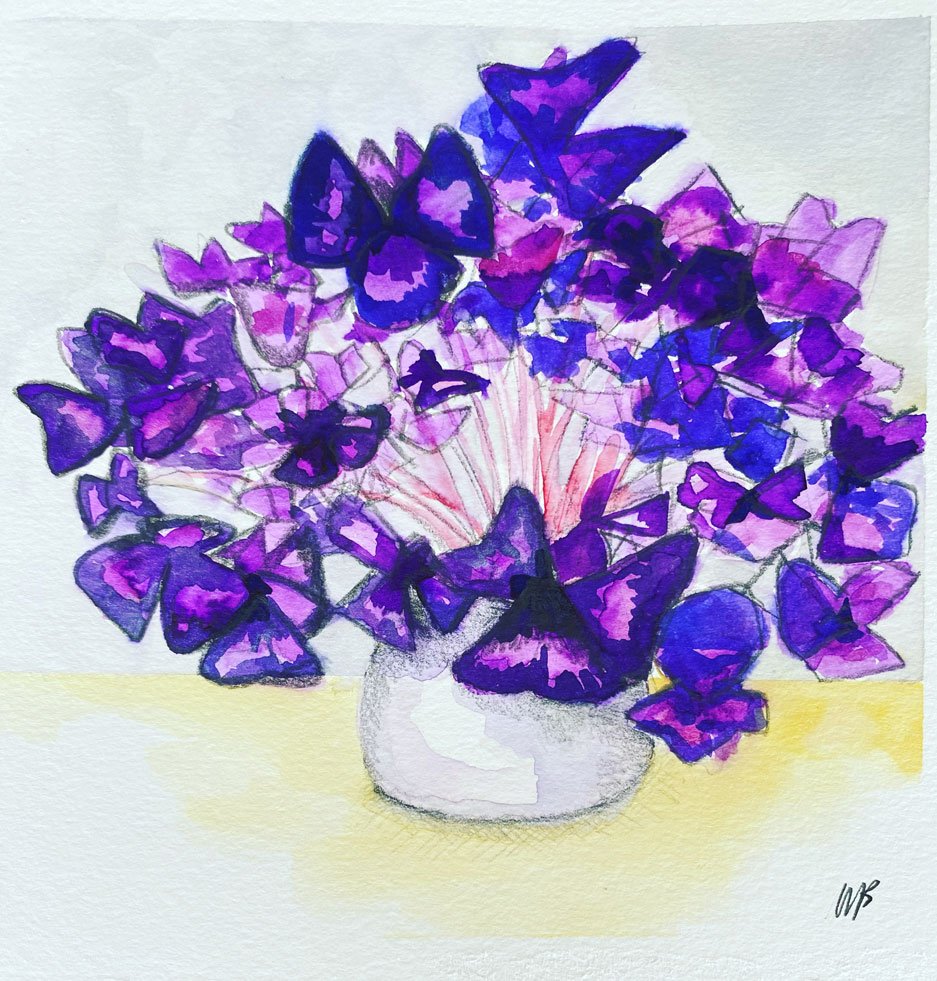 My attempt of an Oxalis (18 January 2024)
Medium: watercolour and pencil on paper
Size: 14.8cm x 14.8cm (unframed)
Part of a small series of Diana’s indoor pot plants.  