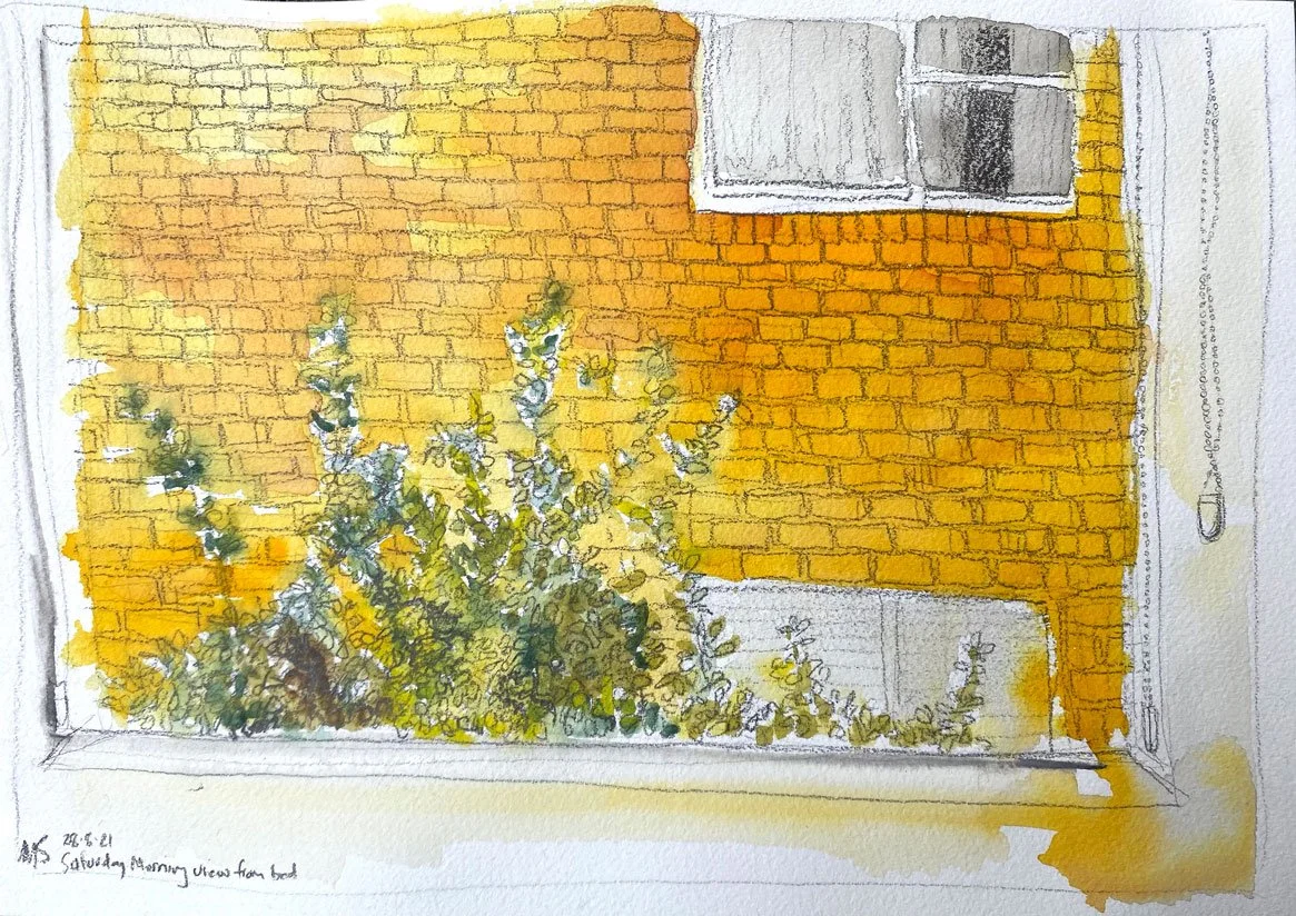 Saturday morning view from bed (2021)
Medium: watercolour and pencil on paper
Size: 21cm x 29.7cm (unframed)