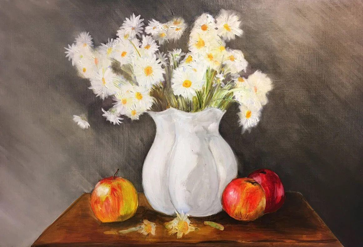 Daffodils in white vase with three apples (2014)
Medium: oil on board
Size: 90cm x 60cm (unframed)