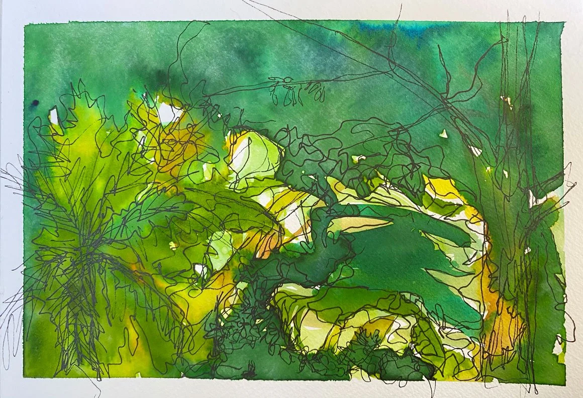 View from Rosa Street lounge room (2019)
Medium: Mixed media (watercolour and pencil) on paper
Size: 14.8cm x 21cm (unframed)