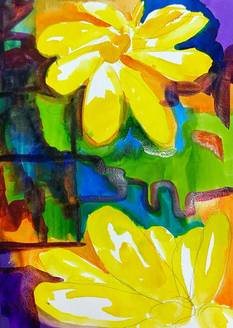 Abstract sunflowers (2022)
Medium: watercolour and ink on paper
Size: 14.8cm x 21cm (unframed)