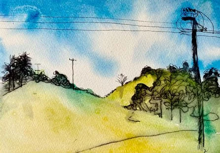 Stokers Siding on a sunny day I (2021)
Medium: Mixed media (watercolour and pencil) on paper
Size: 21cm x 29.7cm (unframed)