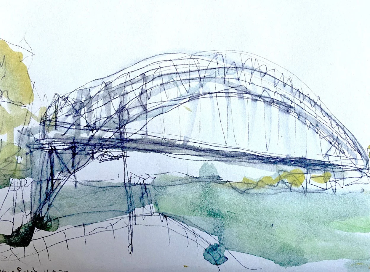 Harbour Bridge from Milson’s Point (2022)
Medium: Mixed media (watercolour and pencil) on paper
Size: 14.85cm x 21cm (unframed)
