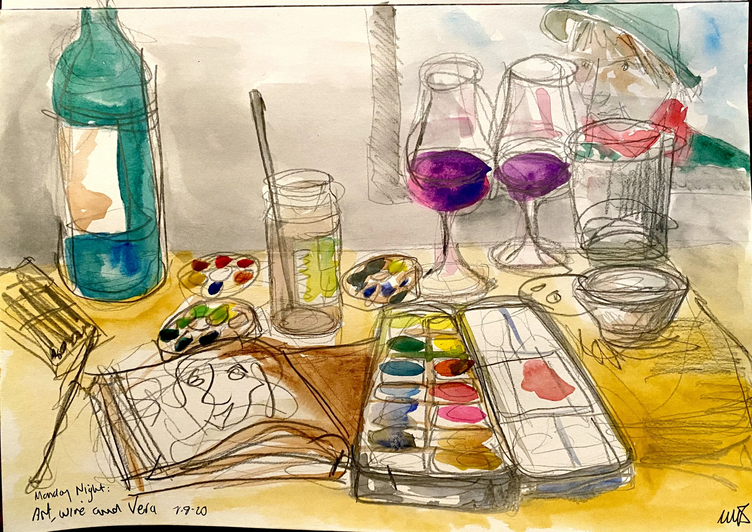 Art Wine and Vera (7 September 2020)
Medium: watercolour and pencil on paper
Size: 14.8cm x 21cm (unframed)