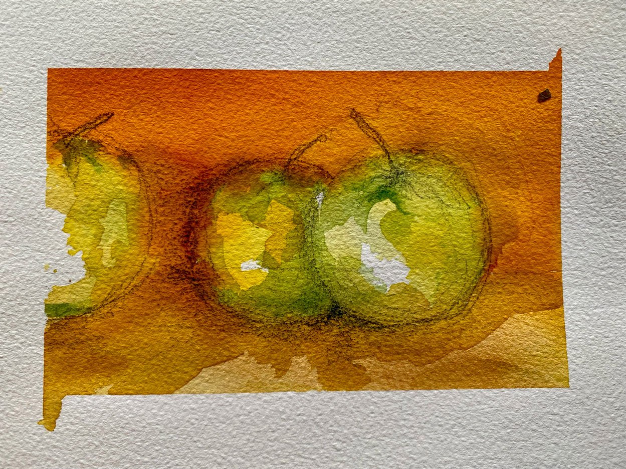 Three green apples (2021)
Medium: watercolour and pencil on paper
Size: 14.8cm x 21cm (unframed)