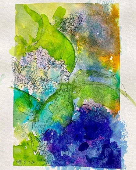 Hydrangea close up I (2022)
Medium: watercolour and ink on paper
Size: 14.8cm x 21cm (unframed)