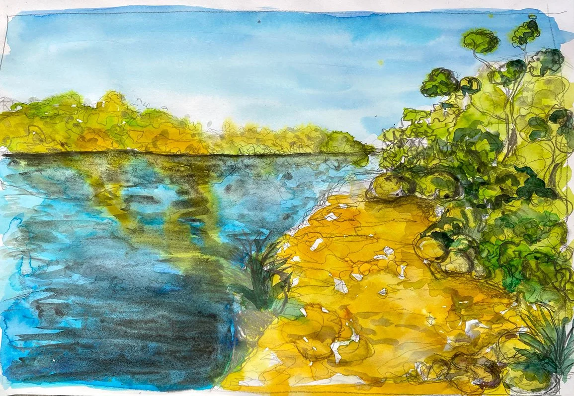 Oatley Point Reserve looking towards Como Bridge (2020)
Medium: Watercolour and pencil on paper
Size: 42cm x 29.7cm (unframed)
Oatley Point Reserve became a sacred place during the lockdown.  When we were allowed out to exercise, Diana and I took tur