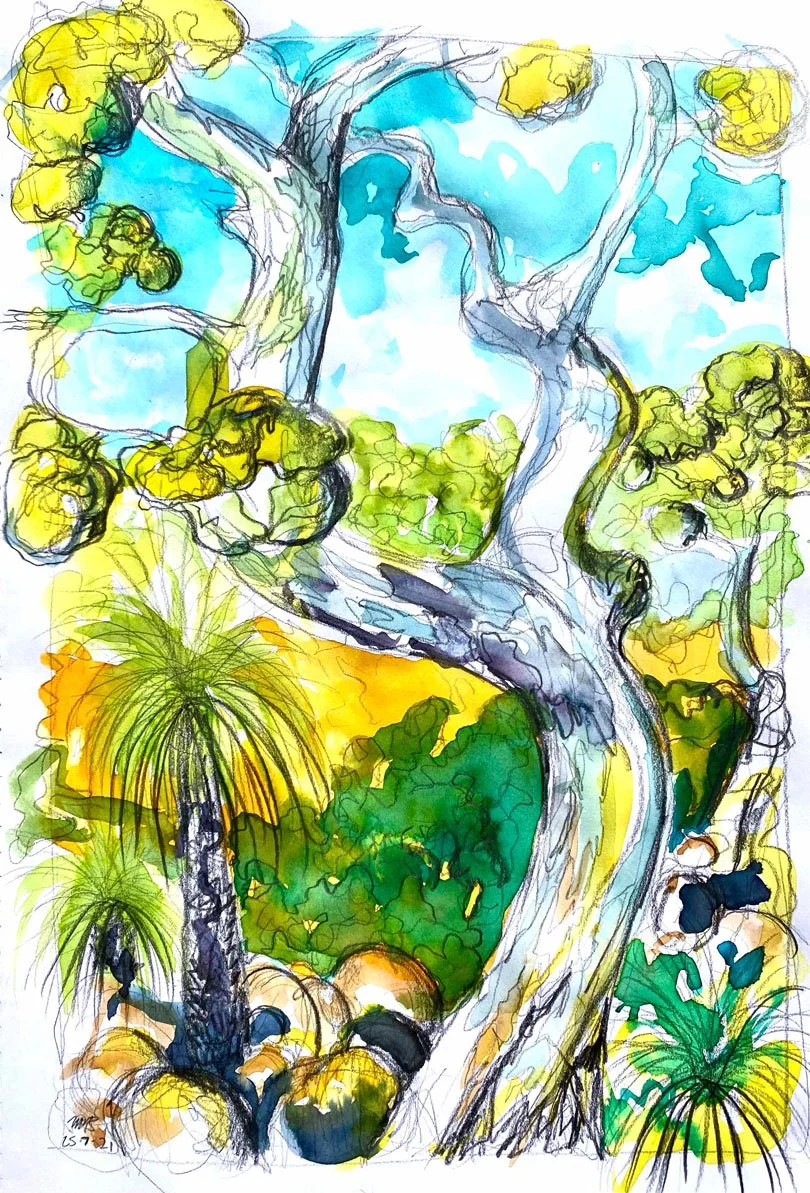 Nature Solace (2021)
Medium: Mixed media (watercolour and pencil) on paper
Size: framed 56cm x 46cm (unframed = 42cm x 29.7cm)
This work was inspired by a shared family experience.  One Saturday morning before we went into hard lockdown, we decided t