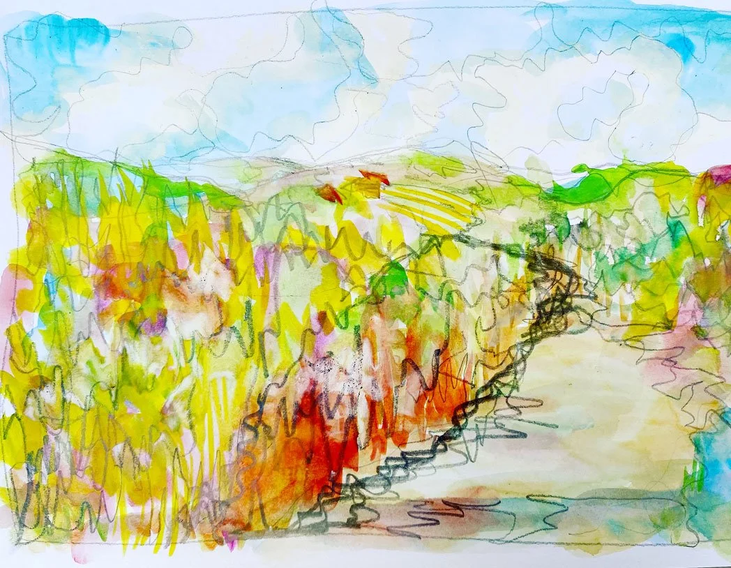 Abstract Landscape with path (2022)
Medium: Mixed media (watercolour and pencil) on paper
Size: 14.85cm x 21cm (unframed)