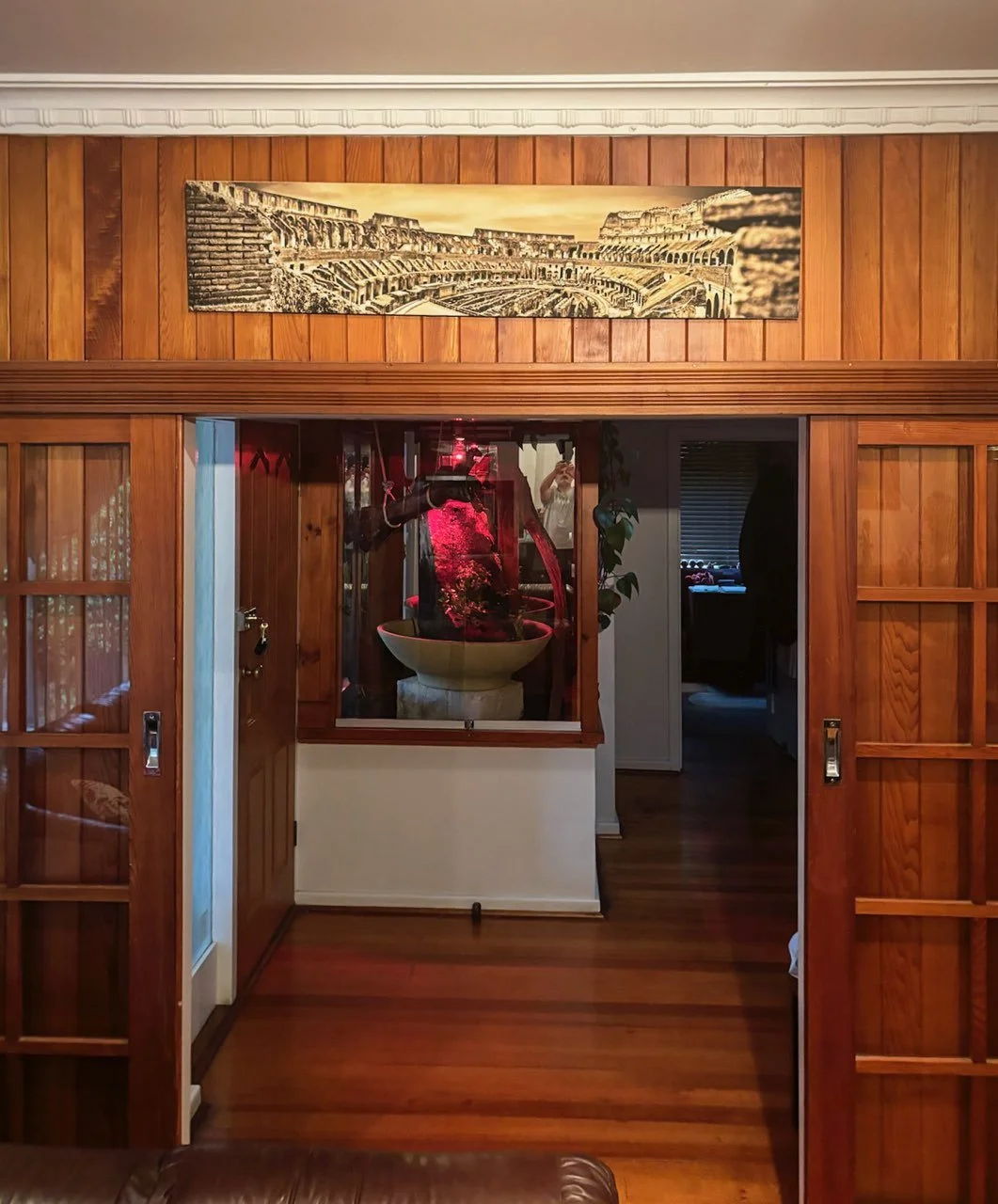 View through wood-paneled doorway into a room with a fountain and plant, and a framed photography print of an ancient Roman amphitheater on the wall.