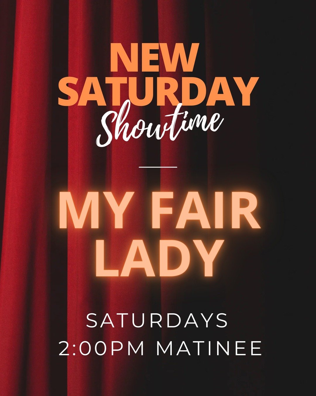 ✨ Showtime shake-up! ✨
My Fair Lady now plays Saturdays at 2:00 PM 💐
Afternoon elegance, toe-tapping tunes, and plenty of &ldquo;loverly&rdquo; moments. Who&rsquo;s joining us for a matinee? 🎶👒

Performances: February 13th - March 1st.
Fridays - 7