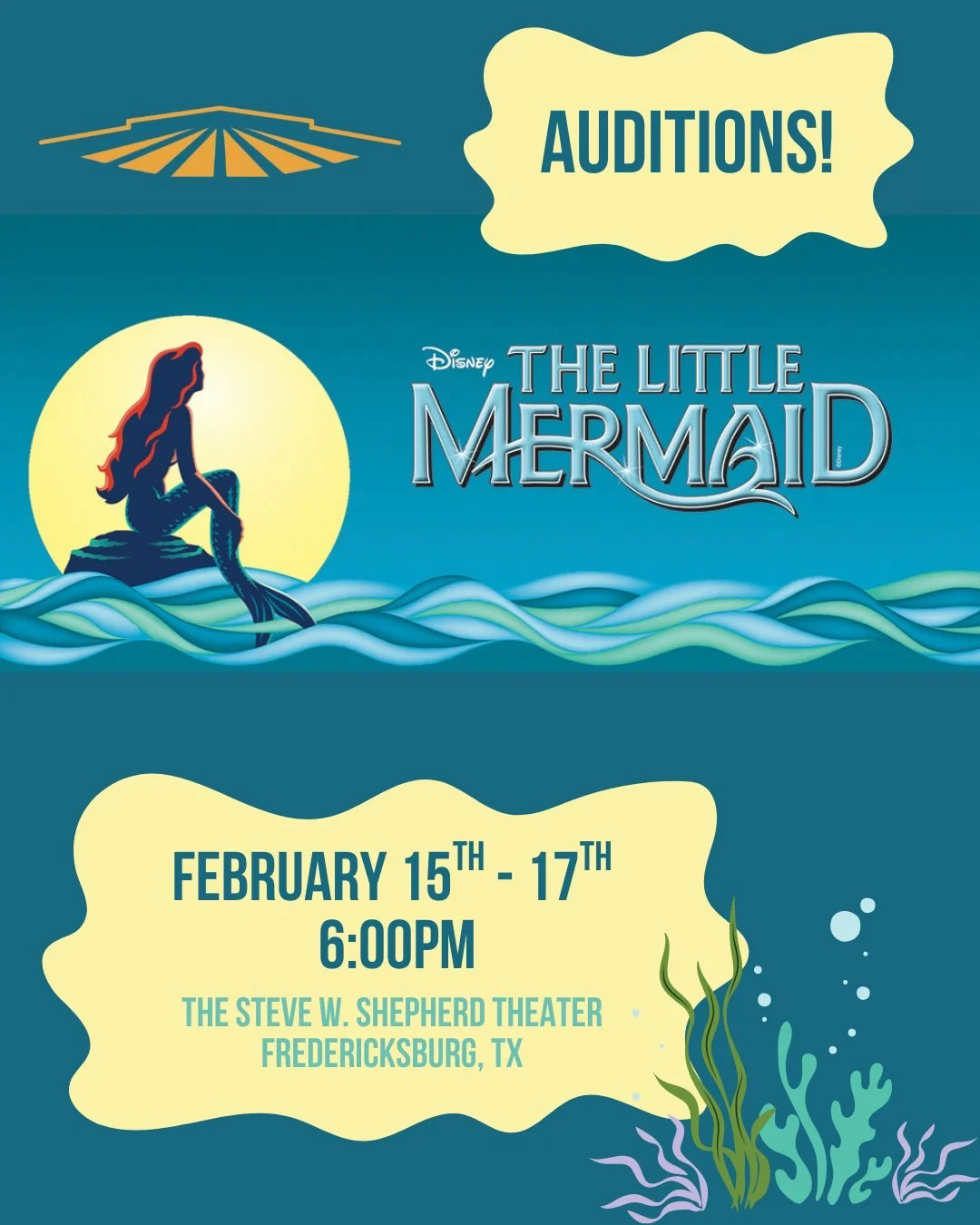 🧜&zwj;♂️🎭 Calling performers of all ages!
Auditions for The Little Mermaid are February 15&ndash;17 at 6:00 PM.
Family-friendly, full of magic, and packed with opportunities to shine.
Come audition and make waves with Fredericksburg Theater Company