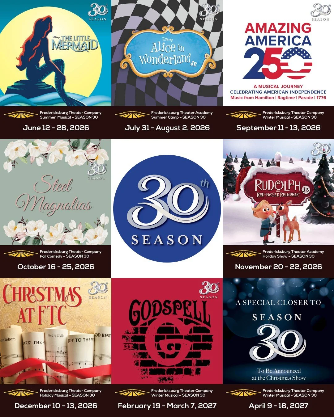 THE WAIT IS OVER! 🎭✨

We are beyond thrilled to finally pull back the curtain on Season 30 at FTC! From under the sea to the streets of New York, this milestone season is packed with magic, music, and memories you won't want to miss.

The Lineup:

?
